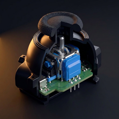Cutaway of a DualSense Edge module fitted with a JS13 Pro + TMR sensor