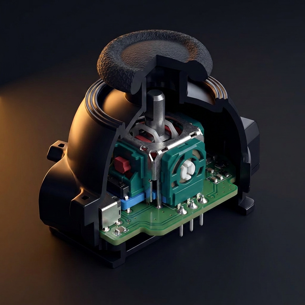 Cutaway of a DualSense Edge module showing the stock OEM potentiometer and its exposed contact track