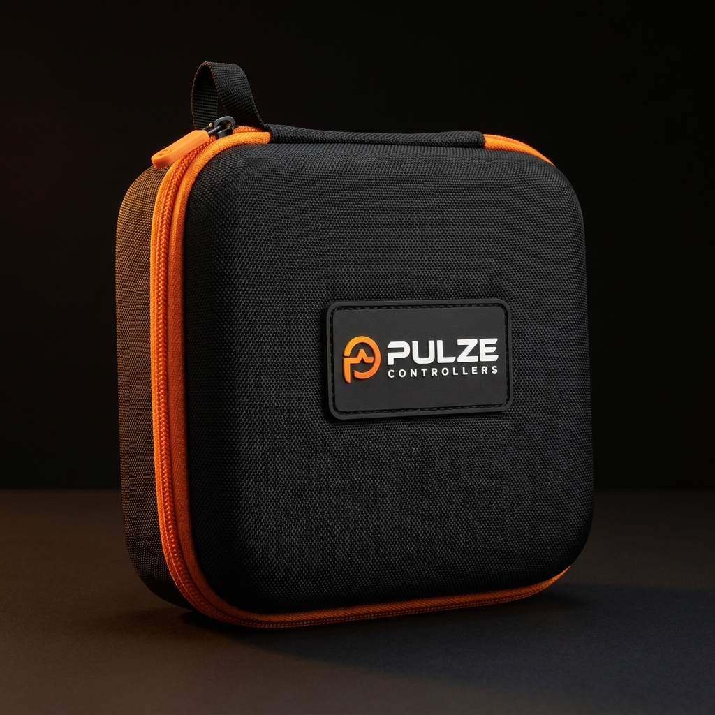 Pulze Travel Case, three-quarter view, black hard shell with orange zipper