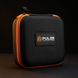 Pulze Travel Case, three-quarter view, black hard shell with orange zipper