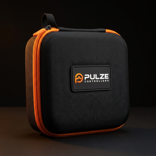 Pulze Travel Case, three-quarter view, black hard shell with orange zipper