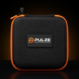 Pulze Travel Case, front view, black hard shell with orange zipper