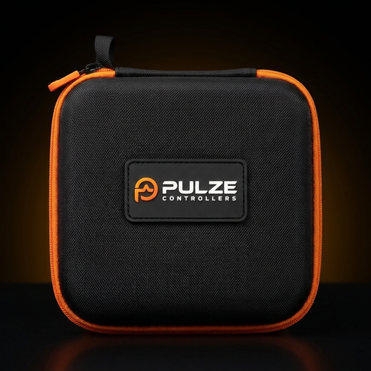 Pulze Travel Case, front view, black hard shell with orange zipper