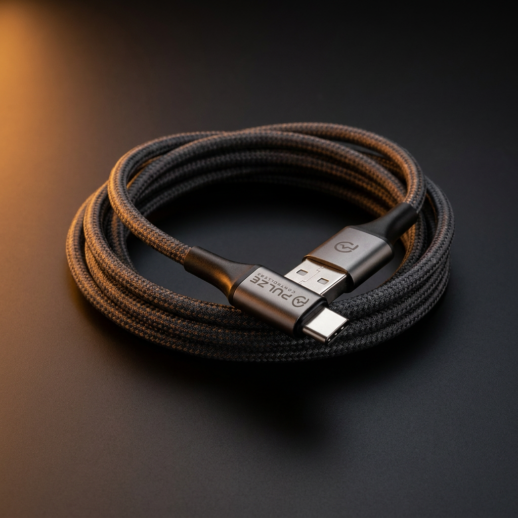 Pulze 6 ft braided USB-A to USB-C cable coiled on a dark surface, showing its full length