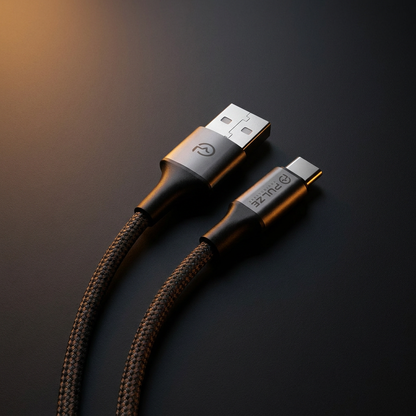 Pulze 6 ft braided USB-A to USB-C cable on a dark surface, connectors in view